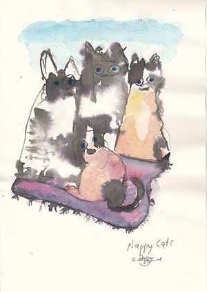 Zeichnung/Mischtechnikh auf Papier - Happy Cats