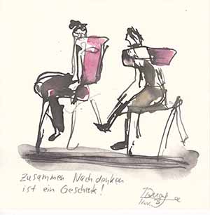 Zeichnung/Mischtechnikh auf Papier - Zusammen Nachdenken